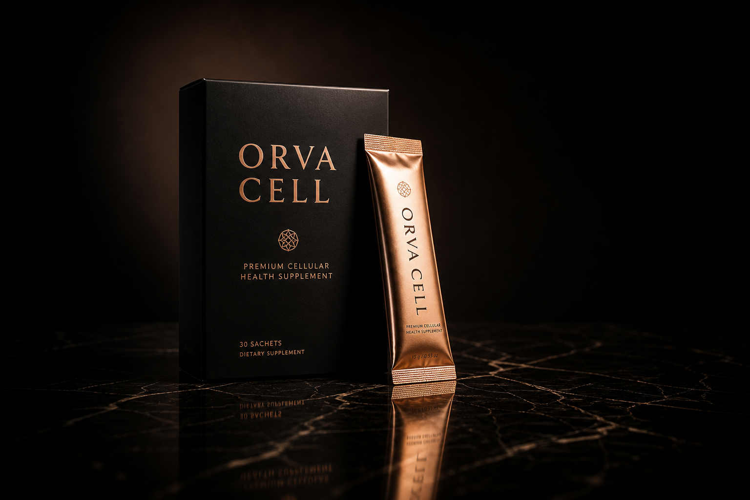 ORVA Cell™ box and sachet on marble surface